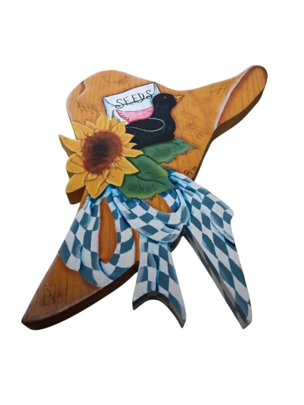 1980s 1990s Wall Decor Sunhat Sunflower Crow Seeds Blue Plain Bow 13" x 10.5"